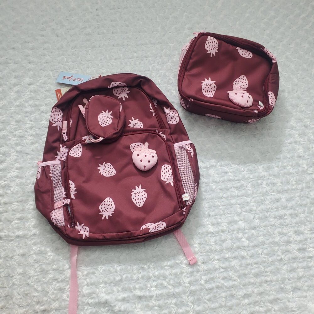Cat & Jack Classic Backpack Girls Set Maroon Allover Strawberry Print NWT